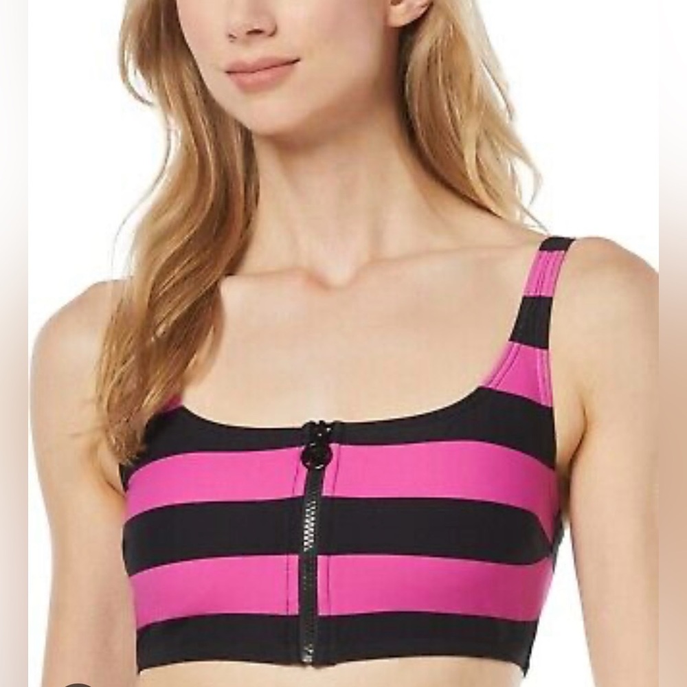 Michael Kors Pink and Black Bikini with Bold Stripes and Zip Front